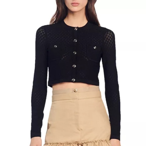 NEW SANDRO Auvent Cardigan Sweater Black Cropped Cardigan Gold Button Details 0 - Picture 1 of 11
